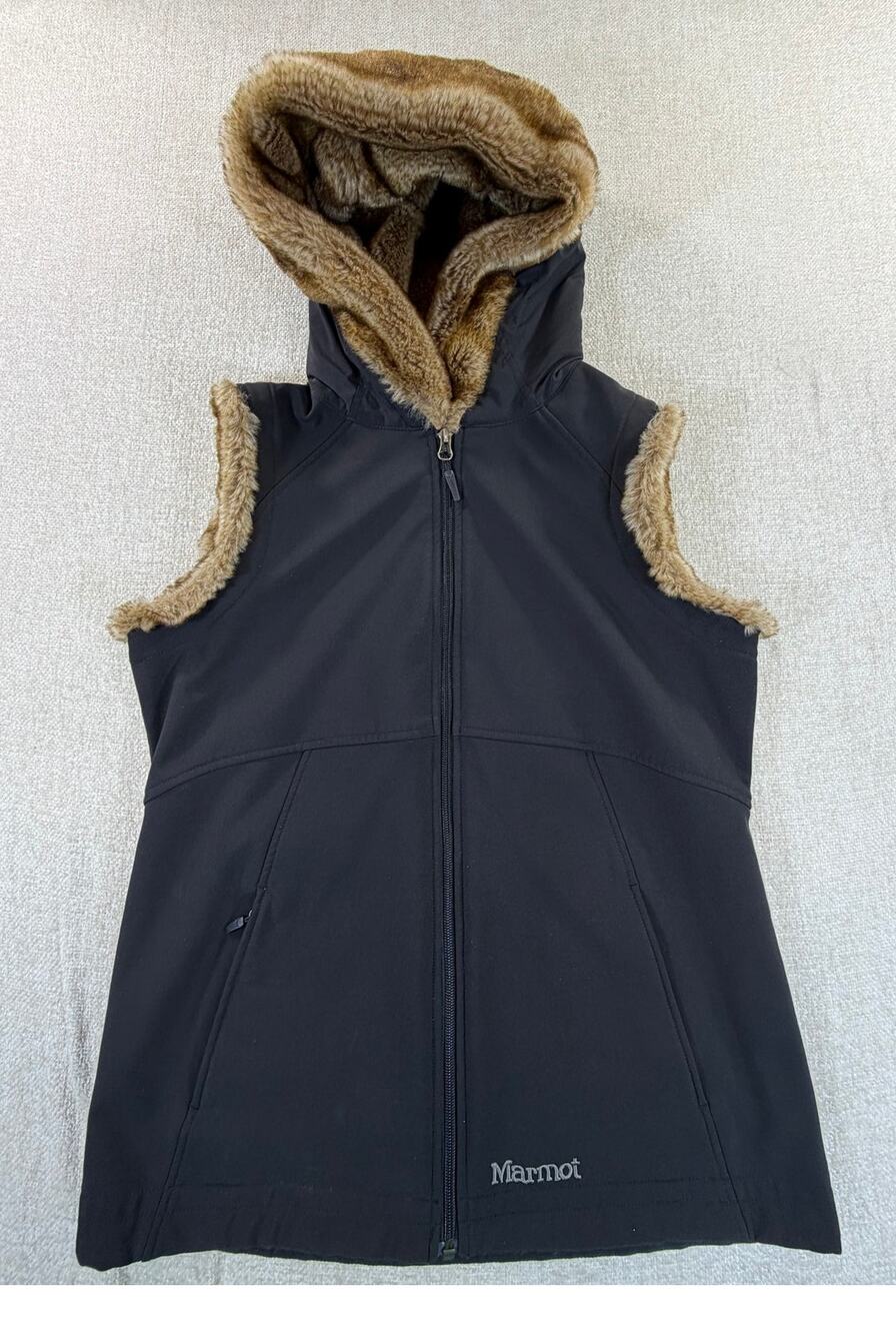 Marmot Women's Medium Black Furlong Full Zip Sherpa Lined Faux Fur Hooded Vest